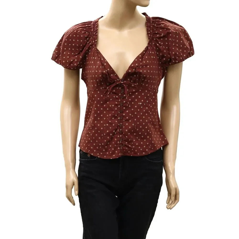 Free People Puff Sleeve Printed Blouse Top Buttondown Floral Ruffle S 289177